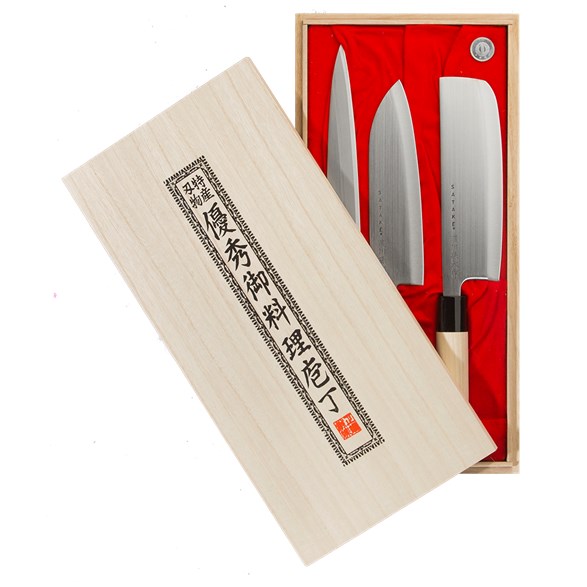 Satake Houcho med Nakiri, Sashimi & Santoku i Balsabox