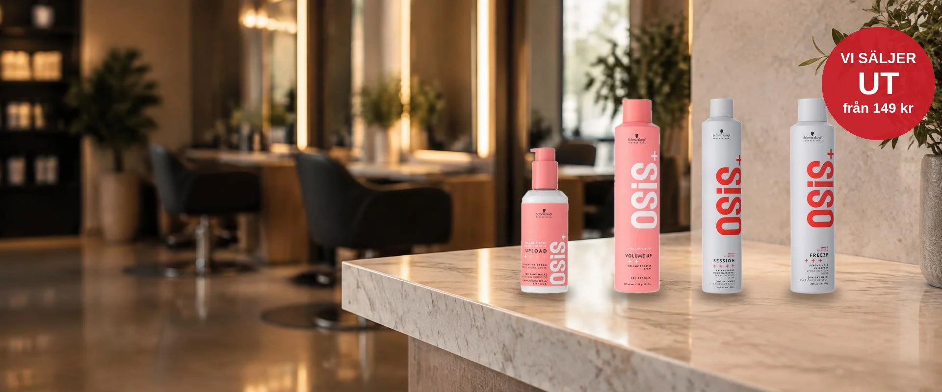Schwarzkopf OSiS+ stylingprodukter på en marmordisk i en salong